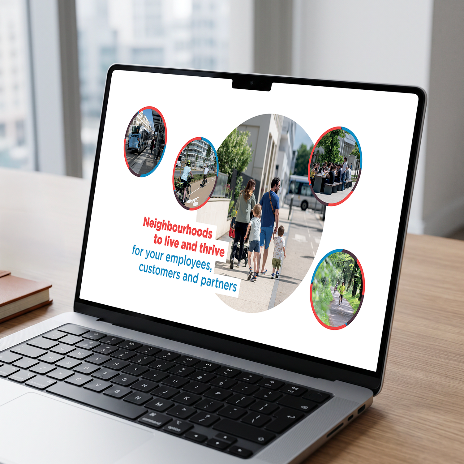 Ordinateur portable affichant une présentation promotionnelle d’EPA Paris-Saclay, illustrée par des scènes de mobilité, de vie de quartier et d’espaces verts.
